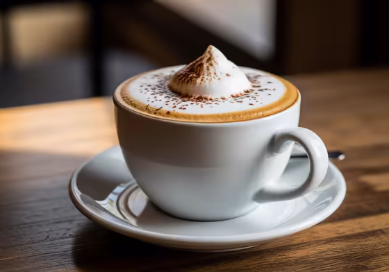 A classic Italian cappuccino in a wide-mouthed cup, showing the distinct layers of coffee, milk, and a thick cap of foam.