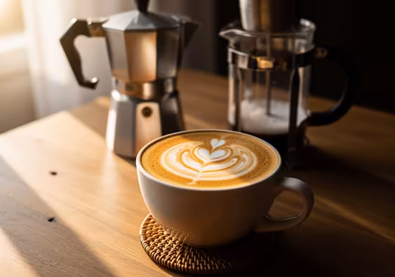 A cozy scene with a freshly made latte in a ceramic mug, with a moka pot and a milk frother in the background.