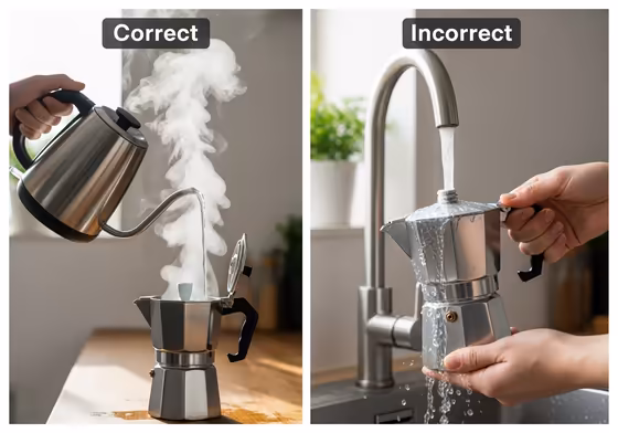A side-by-side comparison showing a person pouring steaming hot water from a kettle into a moka pot base versus pouring cold tap water.