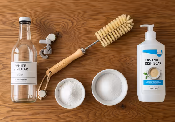 A flat lay of essential Chemex cleaning tools including a bottle brush, unscented soap, vinegar, and baking soda.