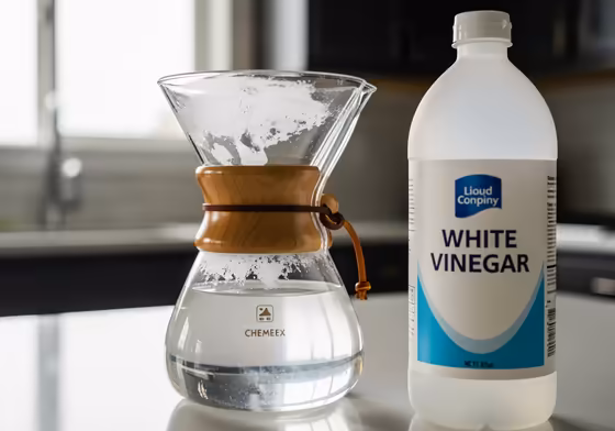 A cloudy Chemex coffee maker filled with a vinegar and water solution to remove mineral scale.