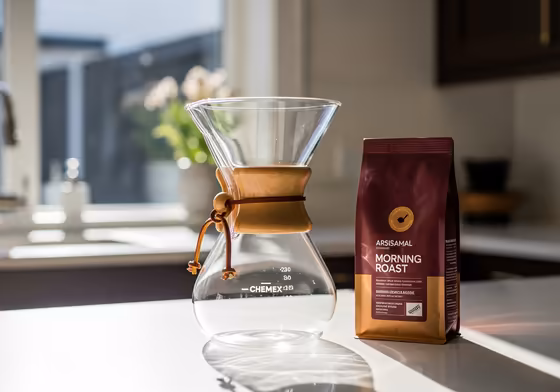 A beautiful, sparkling clean Chemex coffee maker sitting on a sunlit kitchen counter.