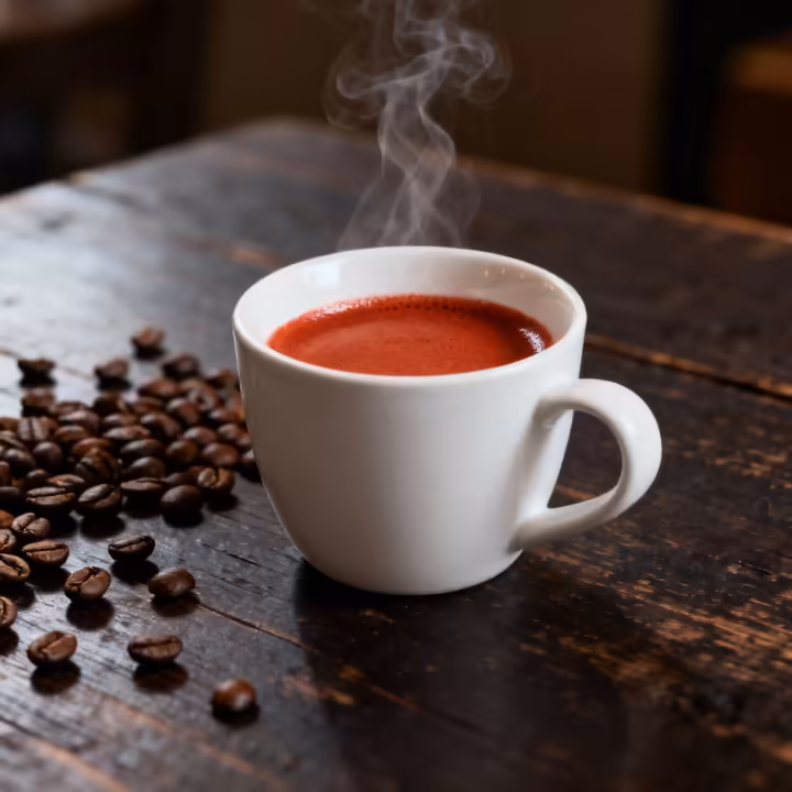 A classic hot Americano in a white ceramic cup, with a rich crema on top, placed on a dark wooden table.