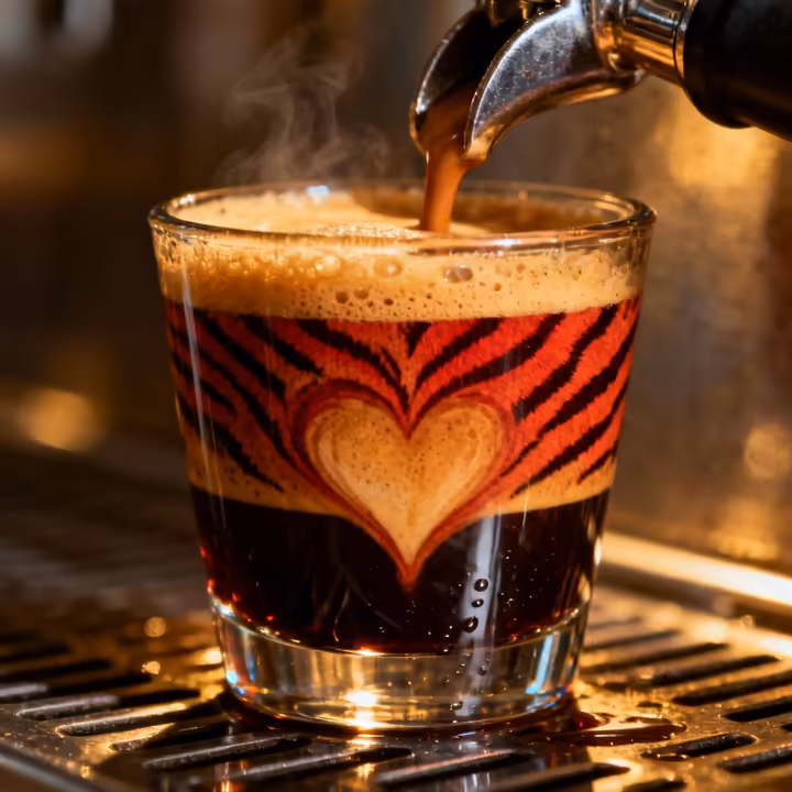 A close-up macro shot of a perfect espresso shot being pulled into a glass, showing the layers of crema, body, and heart.