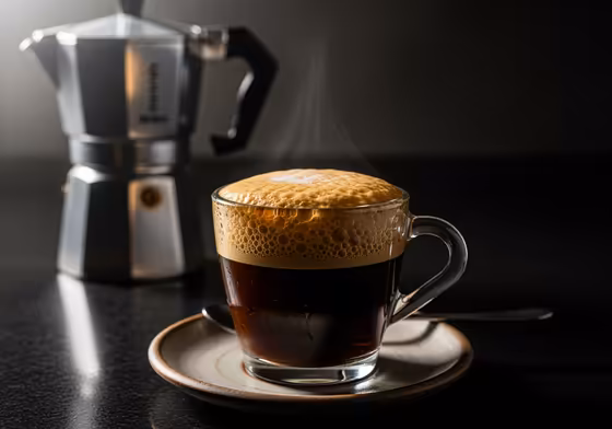 A close-up of a cup of coffee brewed with a Brikka, showing the thick layer of foam on top.