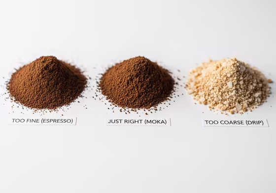 Three piles of coffee grounds showing the difference between fine, Moka, and coarse grinds.