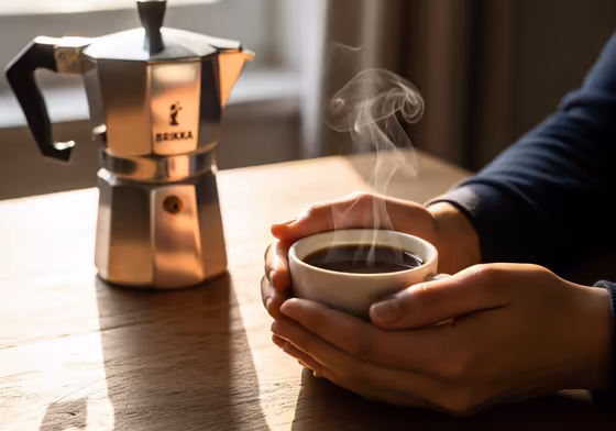 A person smiling while enjoying a small cup of rich coffee from a Brikka Moka pot.