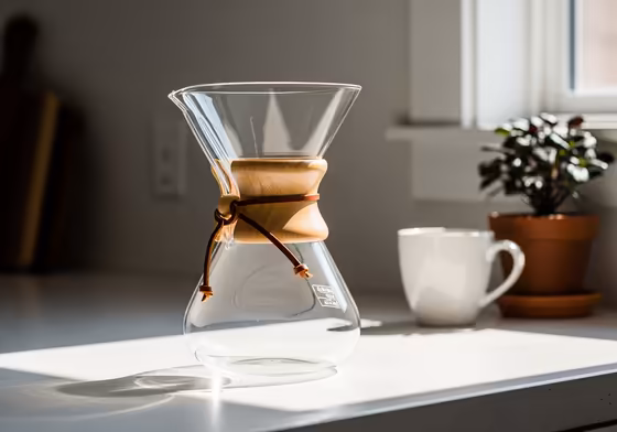 A classic Chemex pour-over coffeemaker with its distinctive wooden collar and leather tie, sitting on a kitchen counter.