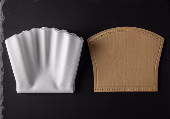 A side-by-side comparison showing a thick, bonded Chemex paper filter next to a standard, thinner coffee filter.