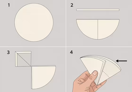 A sequence of images showing the steps to fold an unfolded circular Chemex filter into a cone.