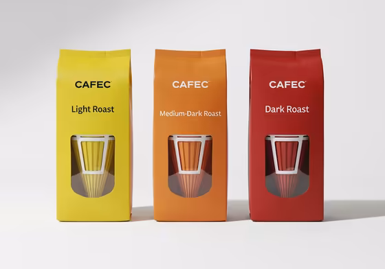 Packaging for Cafec's light roast, medium-dark roast, and dark roast coffee filters shown side-by-side.