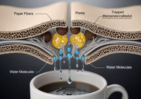 A microscopic, illustrative view of a paper coffee filter's fibers trapping yellow oil droplets while allowing water to pass through.