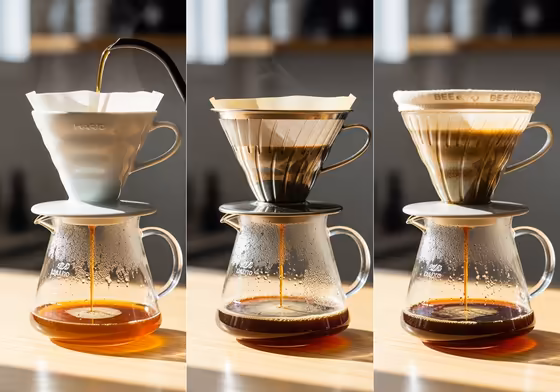 Side-by-side comparison of coffee being poured through paper, metal, and cloth filters, showing the resulting clarity of the brew.