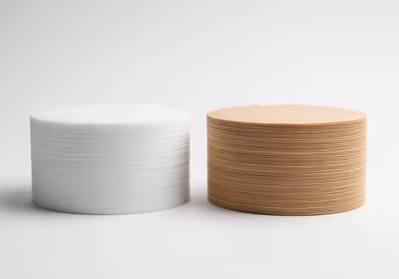 A side-by-side shot of a stack of white paper coffee filters next to a stack of brown, unbleached filters.