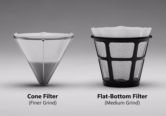 A side-by-side comparison of a cone-shaped coffee filter and a flat-bottom coffee filter.