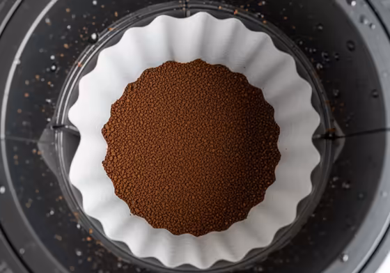 A coffee filter basket with the correct amount of ground coffee, filled about two-thirds full and leveled.