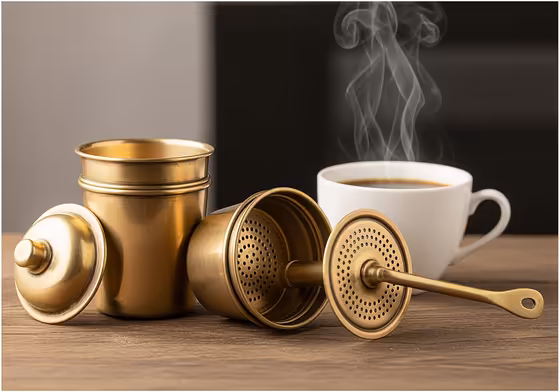 A traditional stainless steel South Indian filter coffee maker, showing its different components.