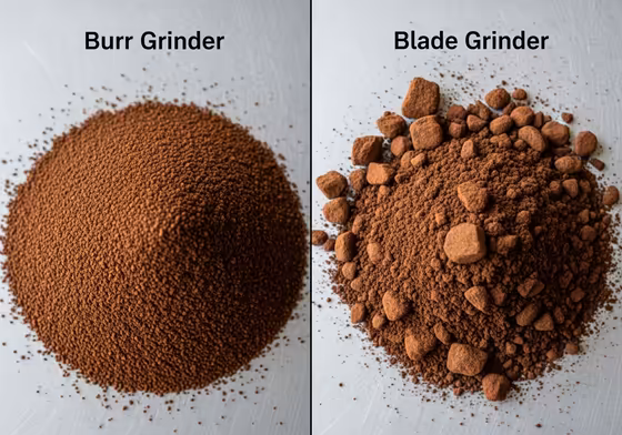 A side-by-side comparison showing the uniform grounds from a burr grinder next to the inconsistent, dusty grounds from a blade grinder.