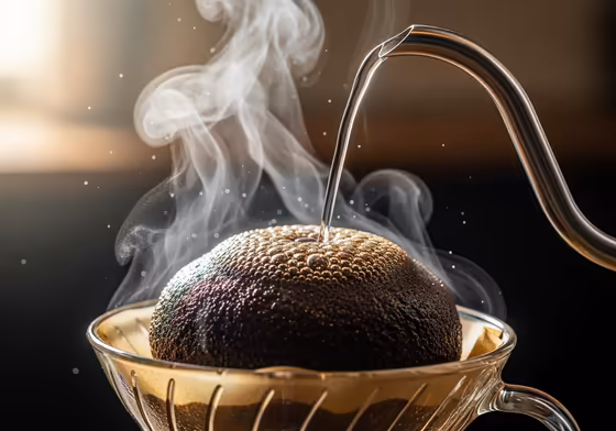 Close-up of a pour-over coffee dripper showing the coffee grounds swelling and bubbling during the bloom phase.