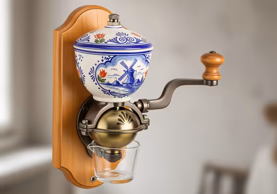 A classic European wall-mounted coffee grinder with a blue and white painted ceramic hopper featuring a windmill design.