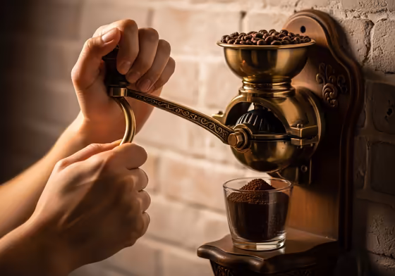 A person's hands turning the wooden crank handle of a wall-mounted coffee grinder.