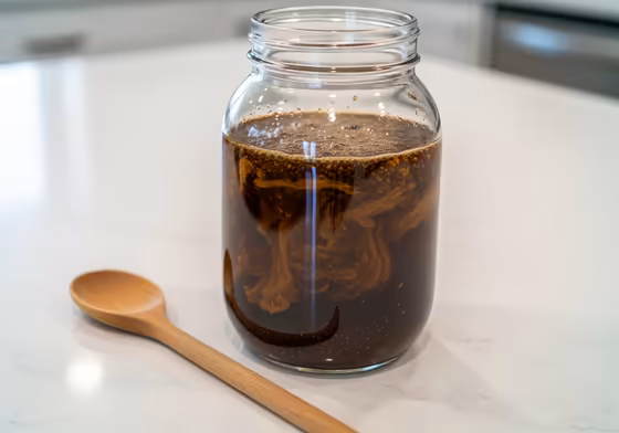 A large glass Mason jar filled with water and coffee grounds, showing the cold brew steeping process. A long spoon is resting beside it on a wooden counter.
