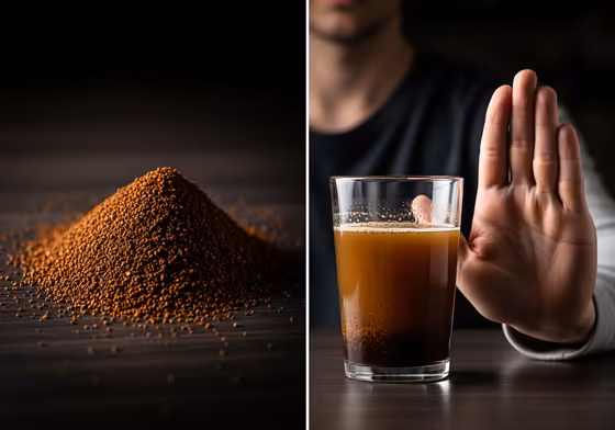 A visual representation of a cold brew mistake: a pile of finely ground espresso powder next to a muddy, unappealing glass of cold brew.