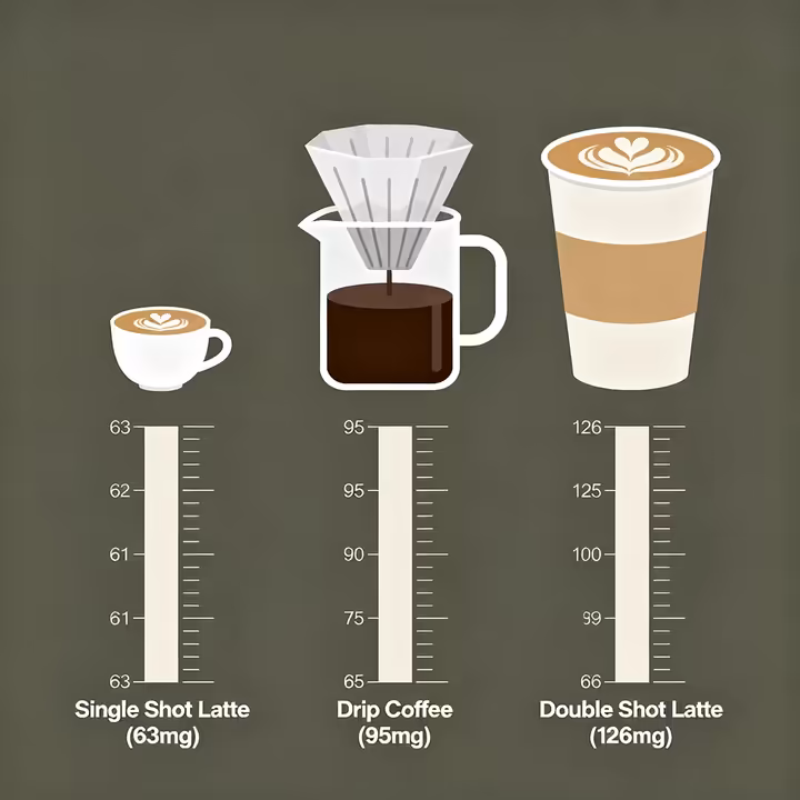 A graphic illustration comparing the caffeine content of a small latte, a large latte, and a cup of drip coffee using coffee bean icons to represent milligrams.