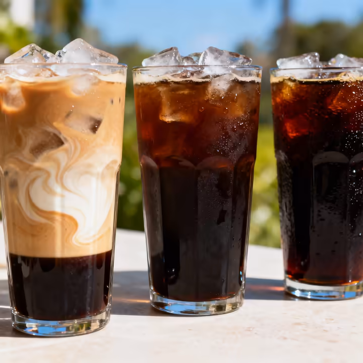 Three distinct cold coffee drinks side-by-side: an iced latte with milk swirling into espresso, an iced coffee, and a dark cold brew.