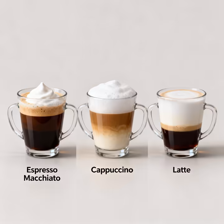 A lineup of three coffee drinks in clear glasses to show their layers: an espresso macchiato, a cappuccino, and a latte.