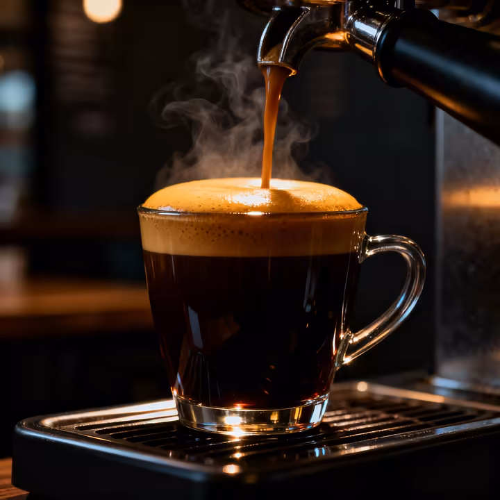 Close-up of an espresso machine portafilter as a rich, dark espresso shot with golden crema is extracted into a small glass.
