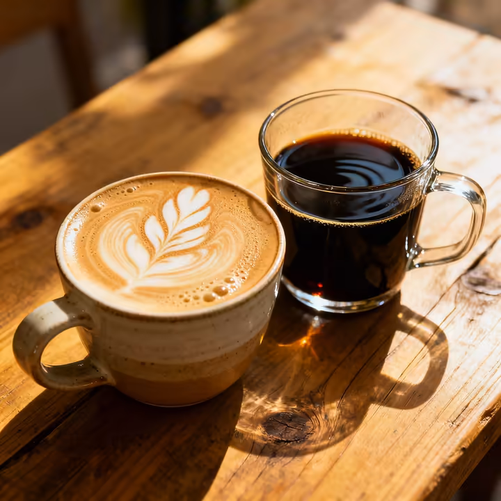 A creamy latte with latte art next to a black drip coffee in a clear mug, showing the visual difference.