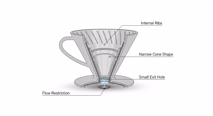 A detailed diagram of a Melitta pour over cone showing the key design features: the narrow cone shape, the small single exit hole, and the internal ribs that create air channels.