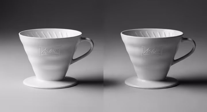 A photo showing a white plastic Melitta brewer next to a white ceramic Melitta brewer to highlight the difference in material.