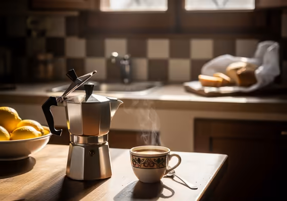 A moka pot alongside a small espresso cup, representing the classic Italian coffee ritual at home.