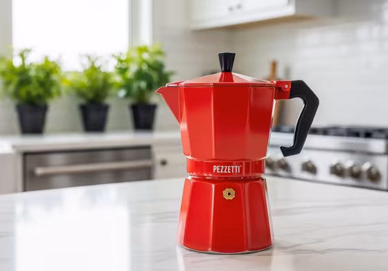 A colorful Pezzetti moka pot sitting on a modern kitchen counter.