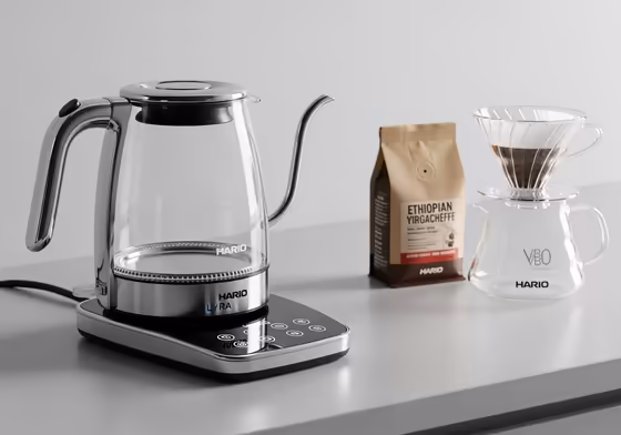 The modern and sleek Hario Lyra electric kettle, a competitor to the Fellow Stagg EKG.
