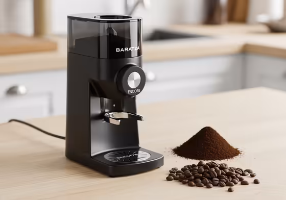 The Baratza Encore electric burr coffee grinder, known for its consistency and durability, shown on a clean kitchen counter.