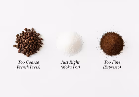 A visual guide showing three different coffee grind sizes: coarse, medium-fine (correct for moka pot), and fine (espresso).