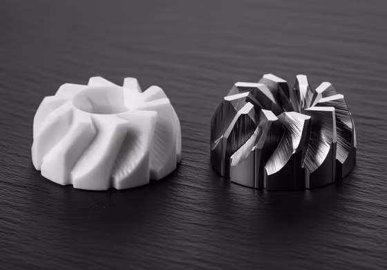 A side-by-side comparison of white ceramic coffee burrs and sharp stainless steel coffee burrs.