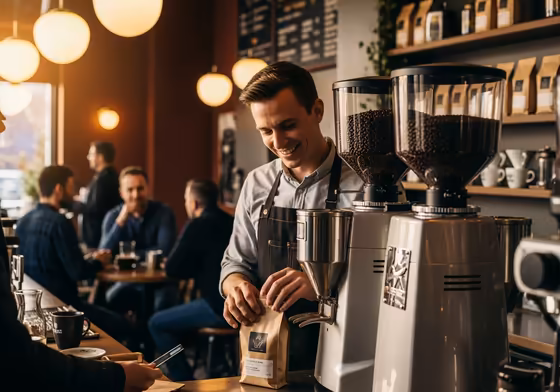 A barista grinding a bag of coffee for a customer using a large bulk grinder in a cozy cafe setting.