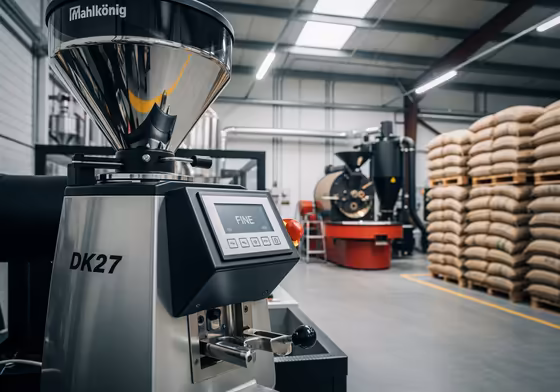 A large, stainless steel Mahlkönig industrial coffee grinder in a clean, modern coffee roastery.