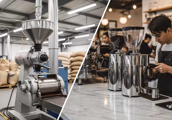 A split view showing a massive industrial coffee grinder in a factory on one side, and a sleek commercial grinder on a cafe counter on the other.