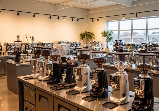 A well-lit showroom of a coffee equipment supplier, with various grinders and espresso machines on display.